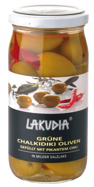 Grüne Oliven mit Chili, 355g Glas